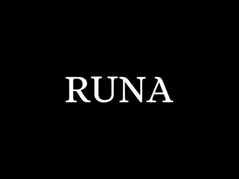 Wit logo van Runa Clothing op zwarte achtergrond